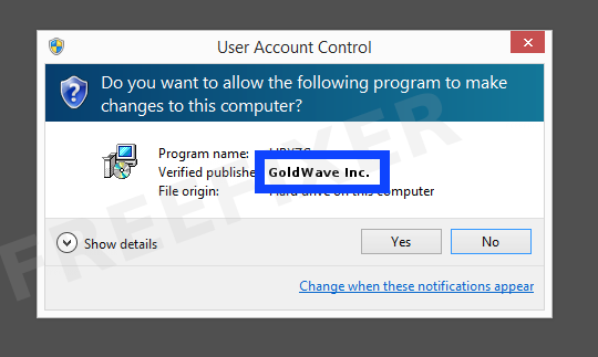 Screenshot where GoldWave Inc. appears as the verified publisher in the UAC dialog